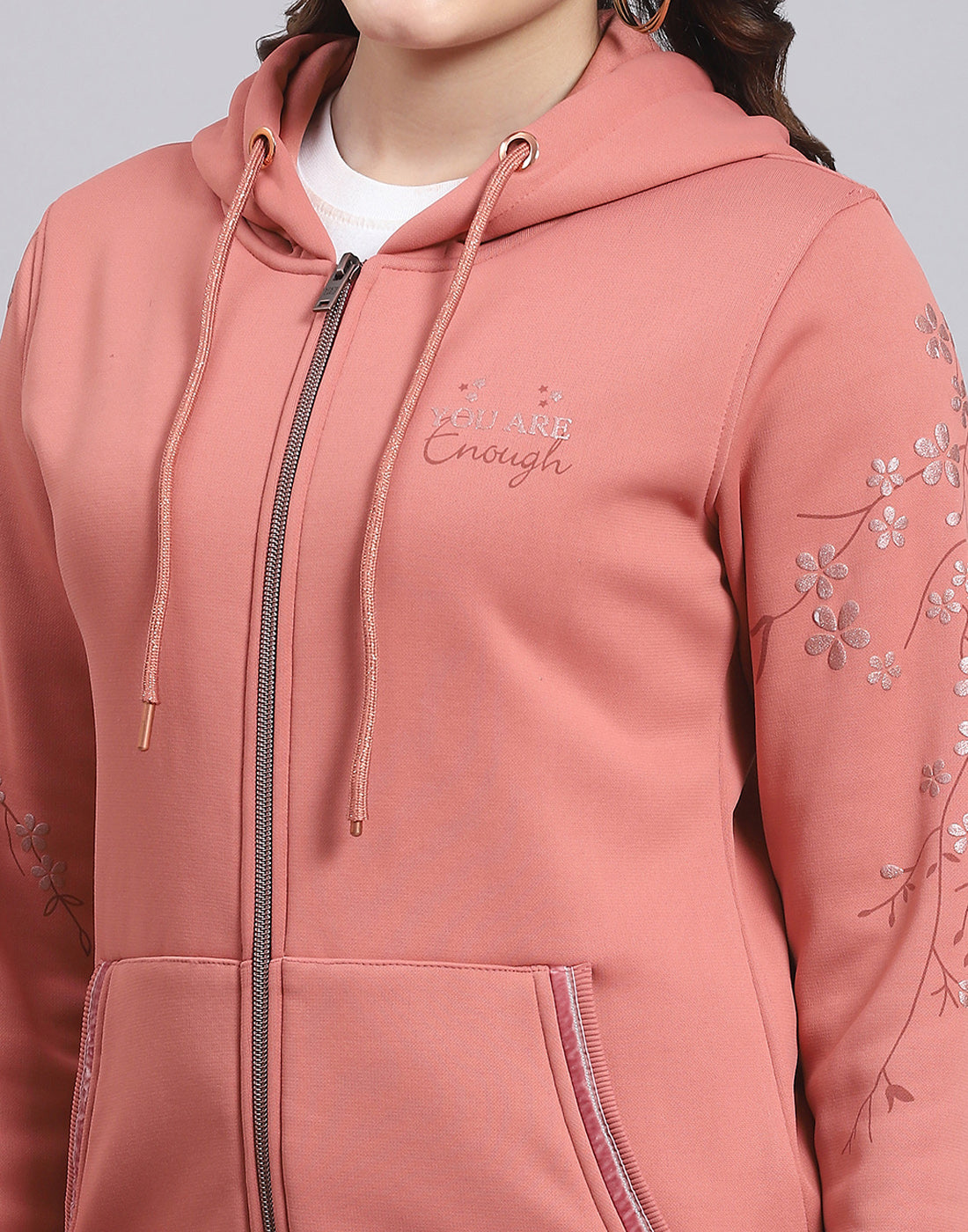 Women Peach Printed Hooded Full Sleeve Sweatshirt
