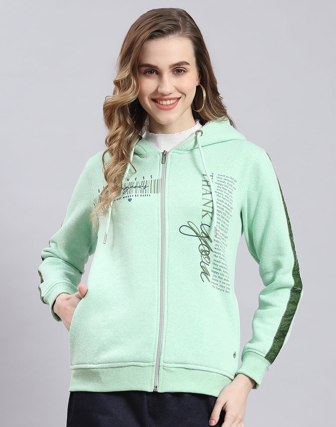 Women Green Printed Hooded Full Sleeve Sweatshirt