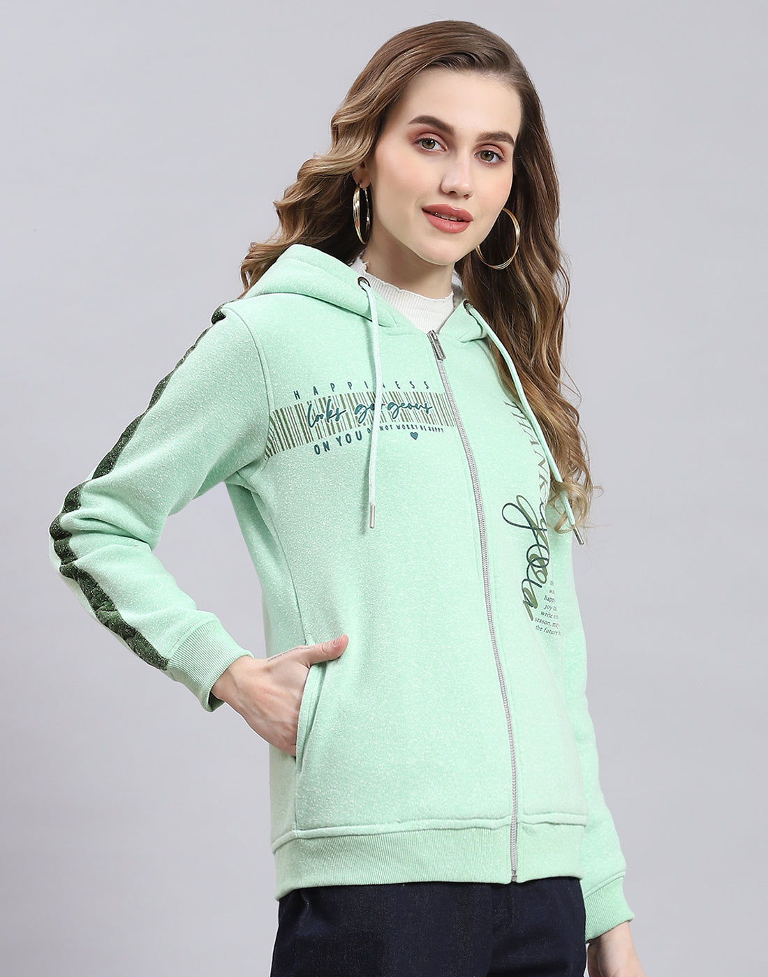 Women Green Printed Hooded Full Sleeve Sweatshirt