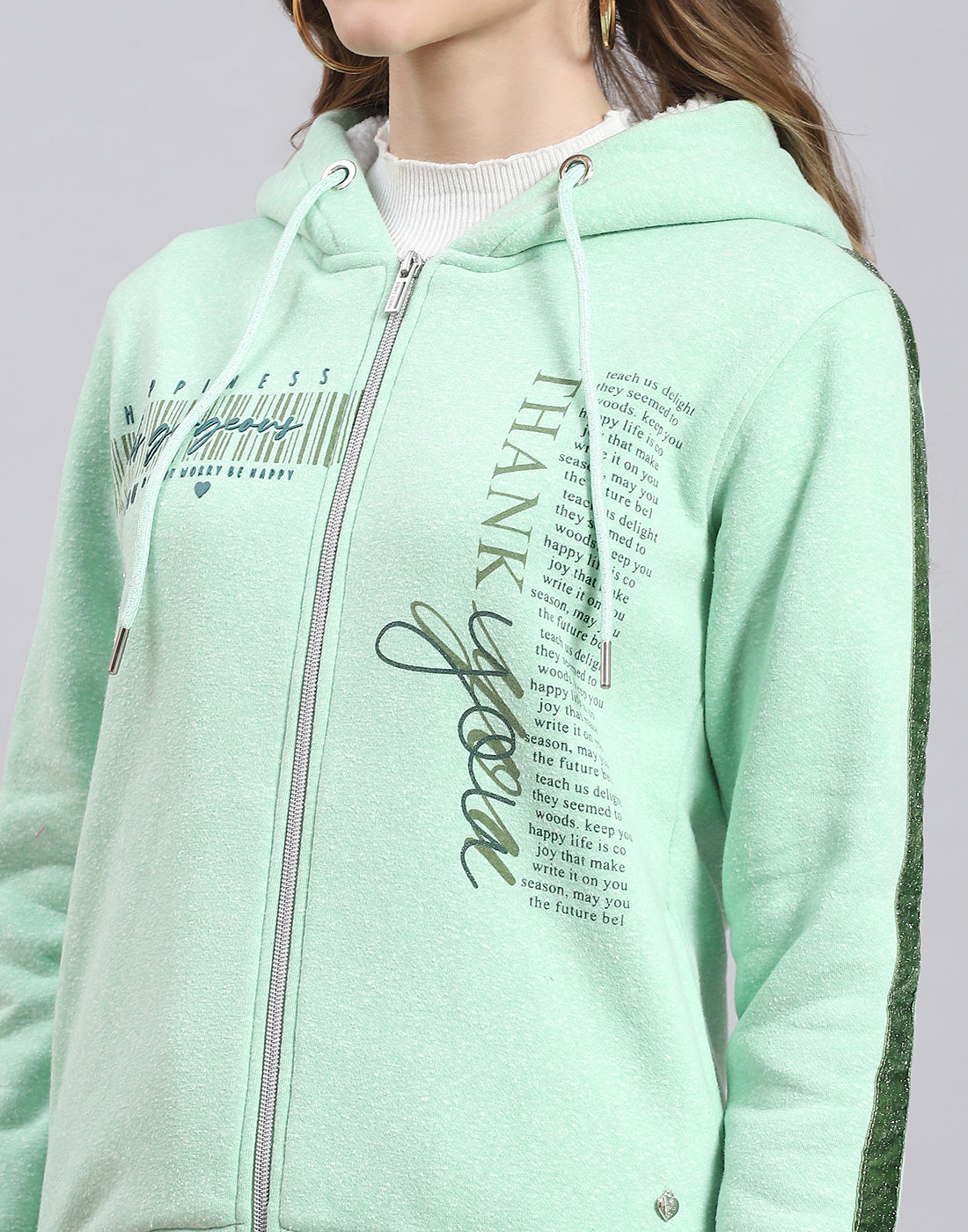 Women Green Printed Hooded Full Sleeve Sweatshirt