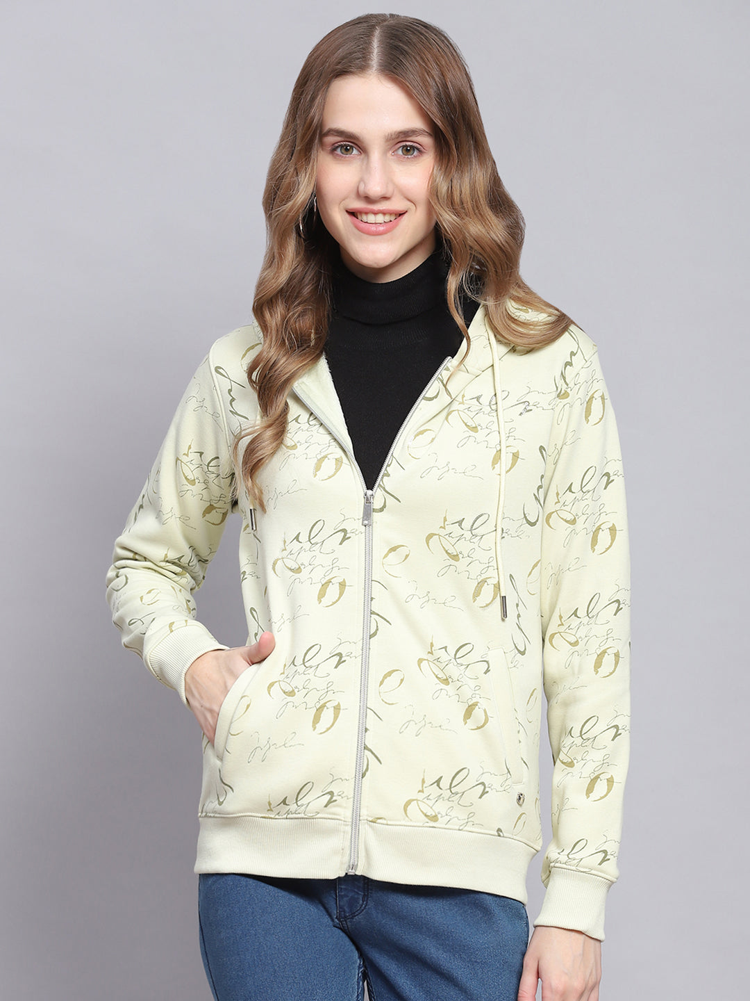 Women Green Printed Hooded Full Sleeve Sweatshirts