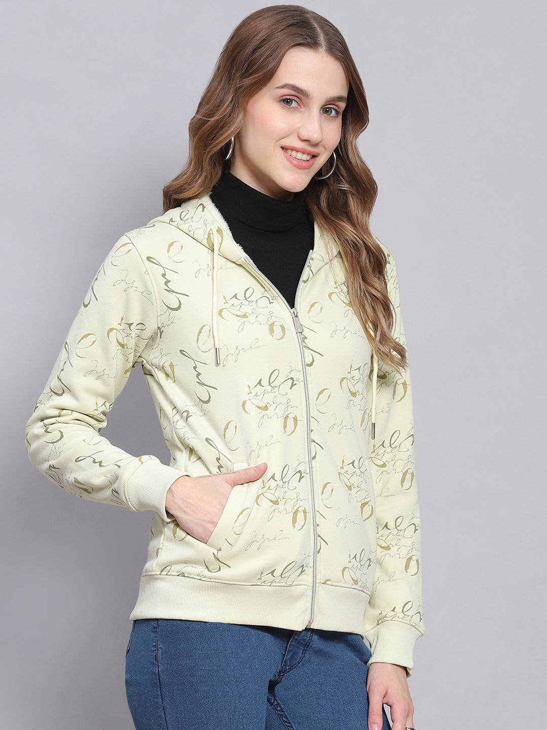 Women Green Printed Hooded Full Sleeve Sweatshirts