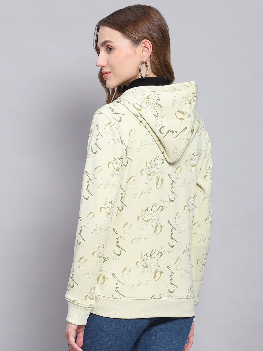 Women Green Printed Hooded Full Sleeve Sweatshirts