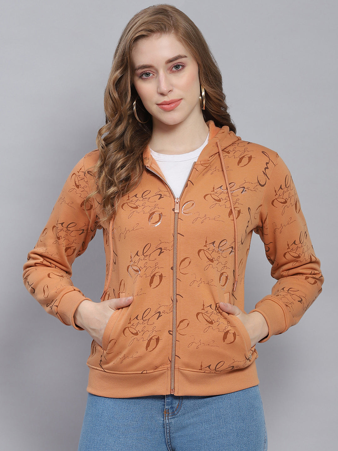 Women Brown Printed Hooded Full Sleeve Sweatshirts