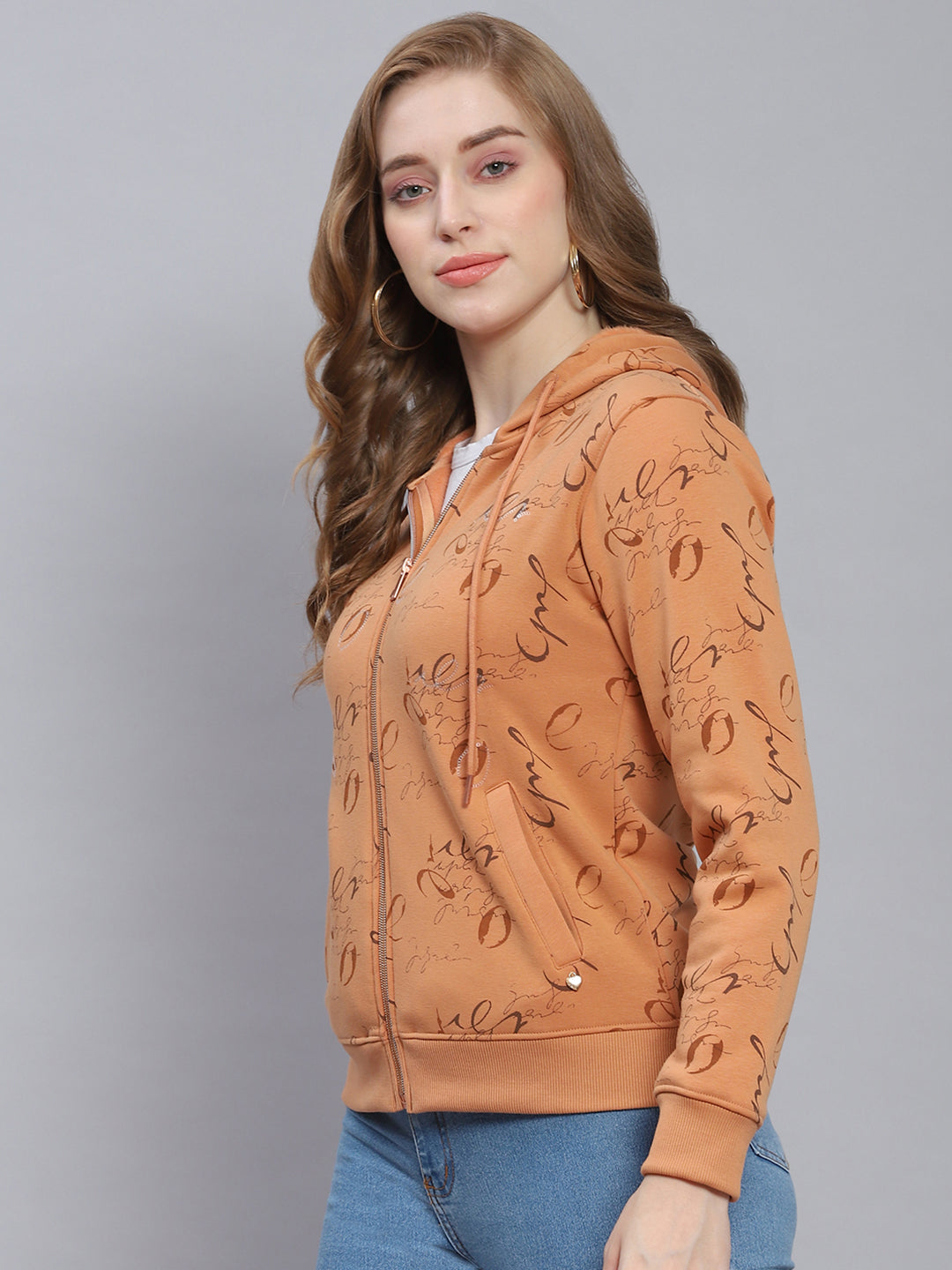 Women Brown Printed Hooded Full Sleeve Sweatshirts