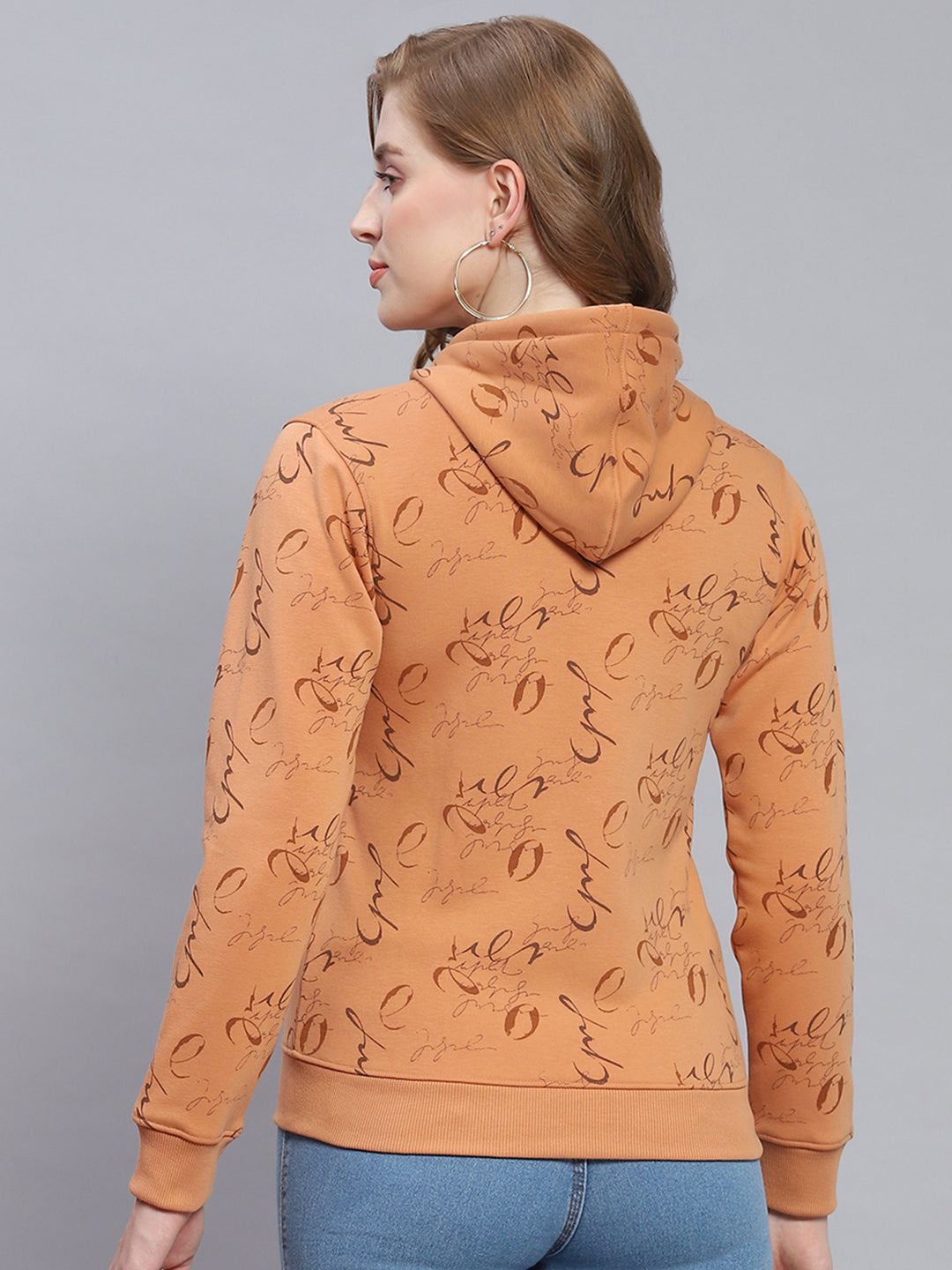 Women Brown Printed Hooded Full Sleeve Sweatshirts