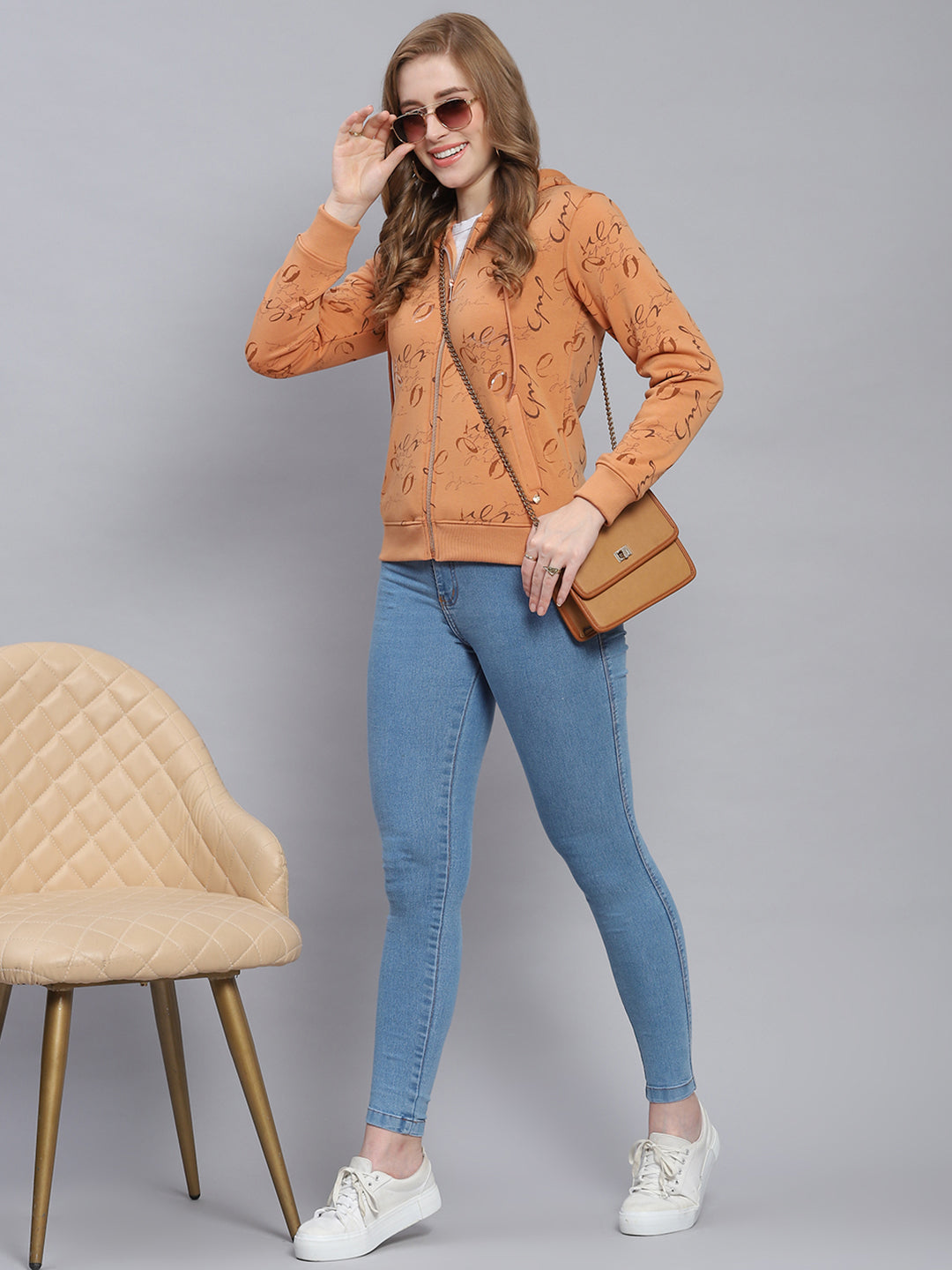 Women Brown Printed Hooded Full Sleeve Sweatshirts