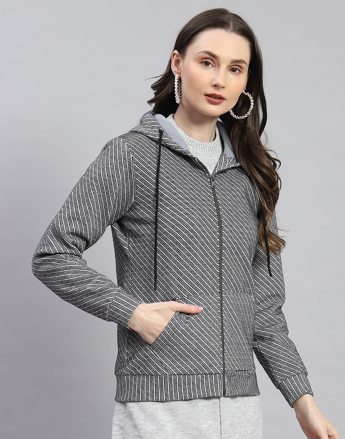 Women Black Self Design Hooded Full Sleeve Sweatshirt