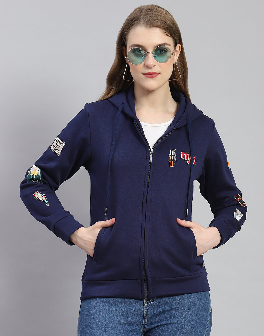 Women Navy Blue Embroidered Hooded Full Sleeve Sweatshirt