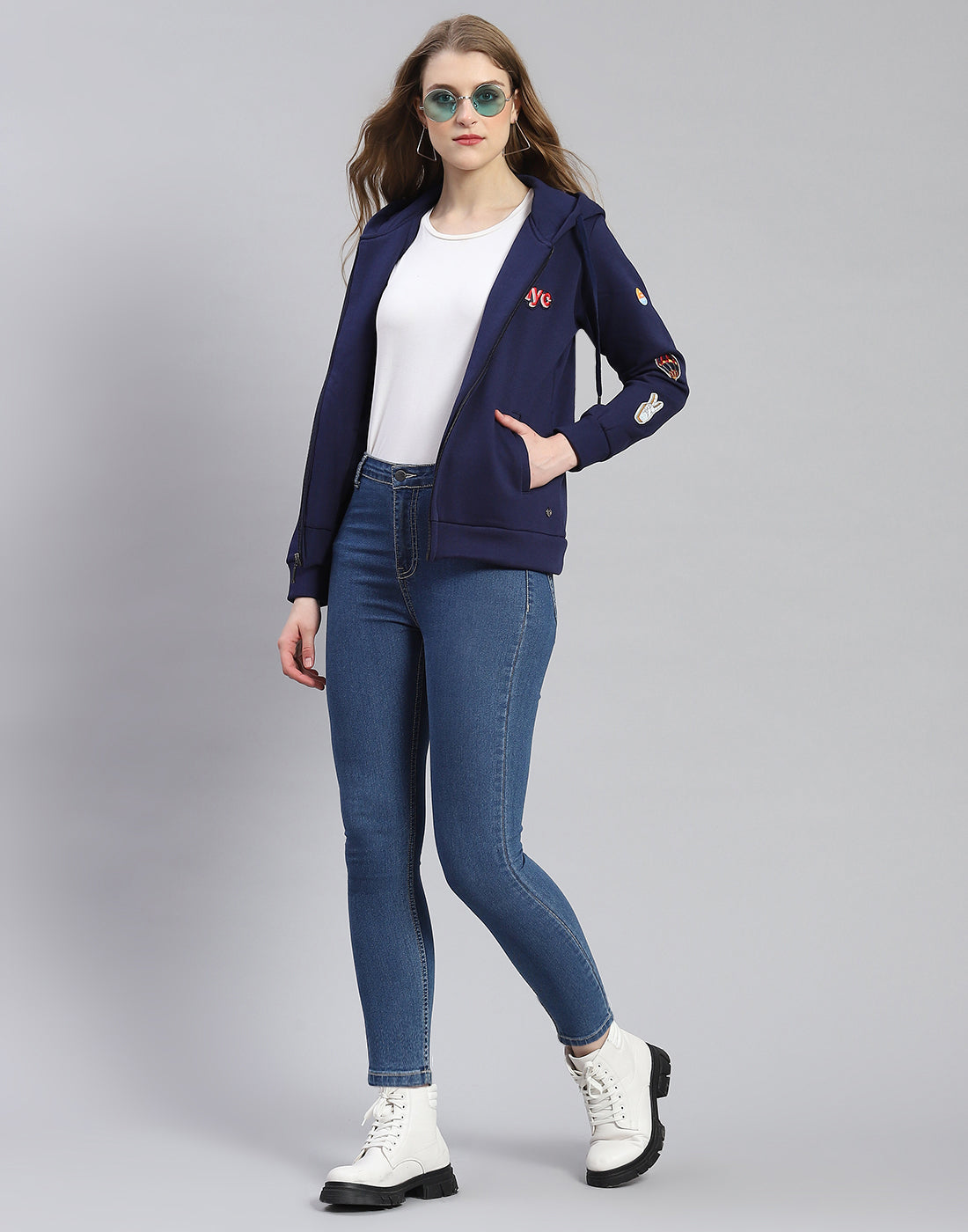 Women Navy Blue Embroidered Hooded Full Sleeve Sweatshirt