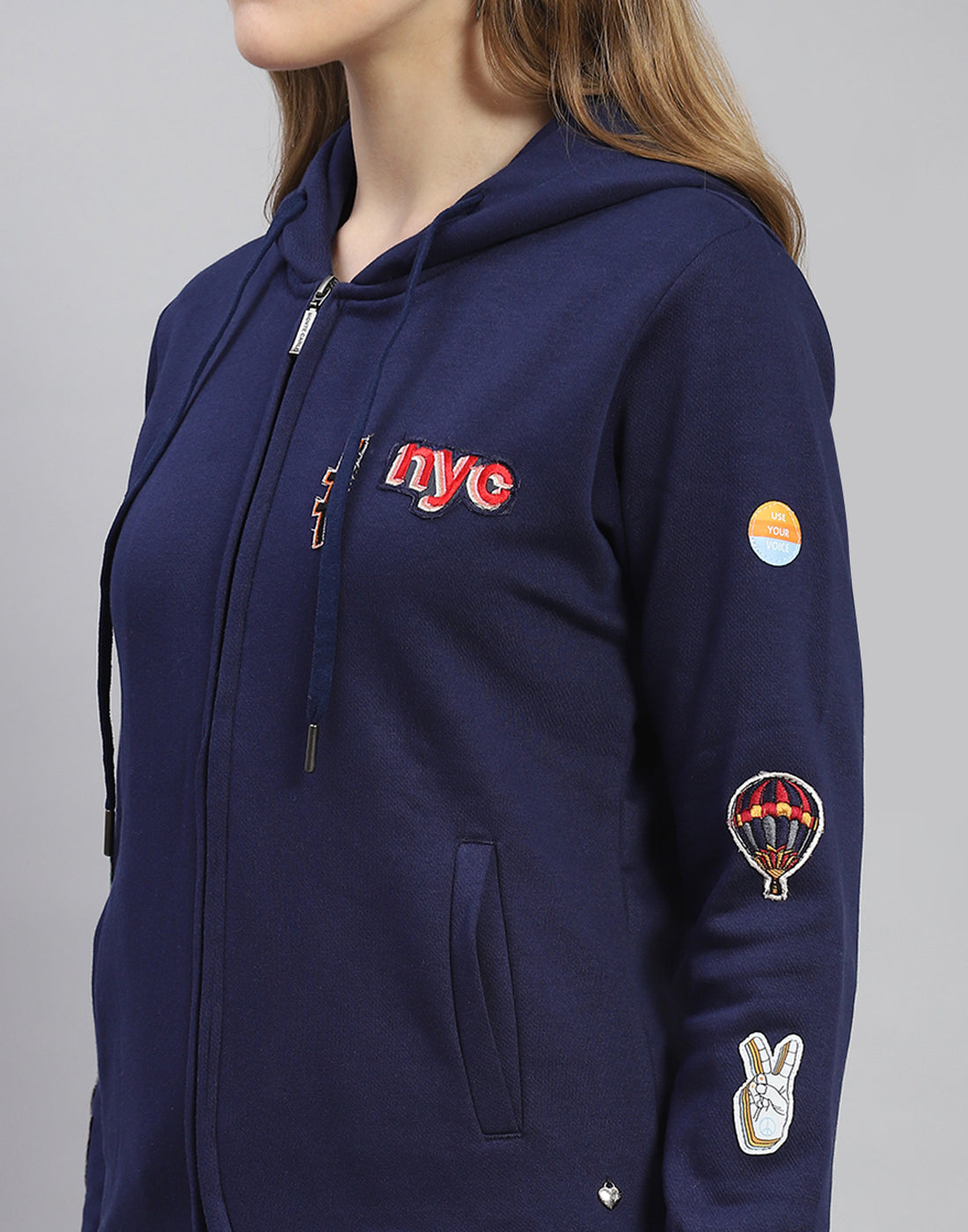 Women Navy Blue Embroidered Hooded Full Sleeve Sweatshirt