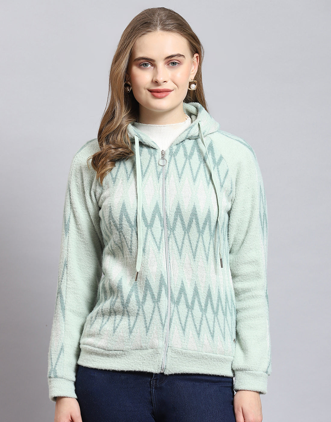 Women Green Self Design Hooded Full Sleeve Sweatshirt