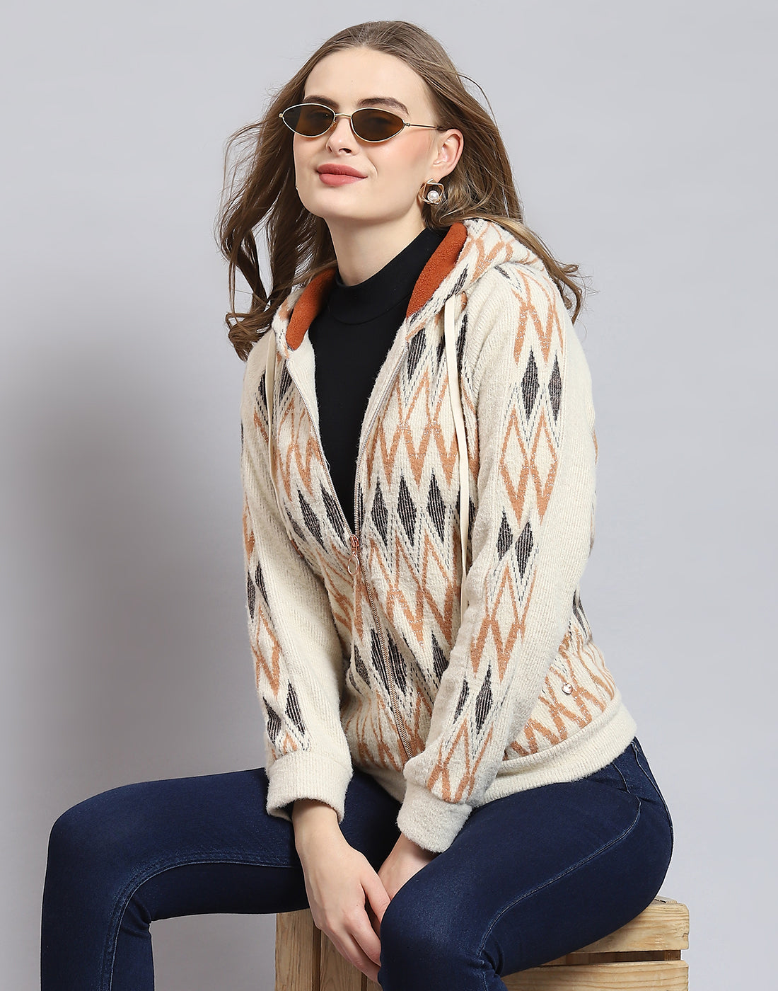 Women Beige Self Design Hooded Full Sleeve Sweatshirt