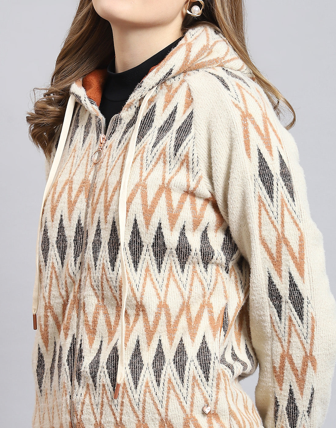 Women Beige Self Design Hooded Full Sleeve Sweatshirt