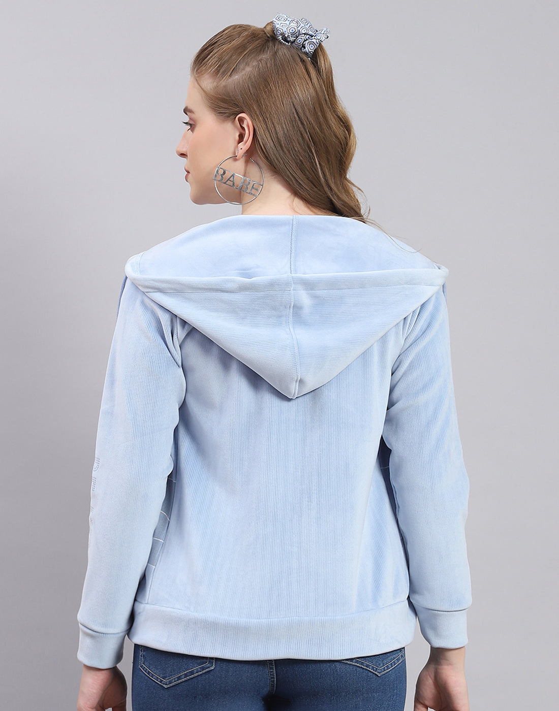 Women Blue Printed Hooded Full Sleeve Sweatshirt