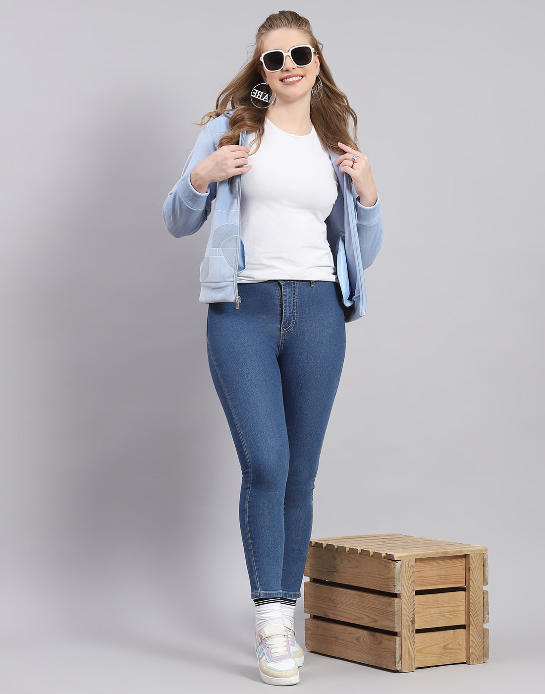 Women Blue Printed Hooded Full Sleeve Sweatshirt