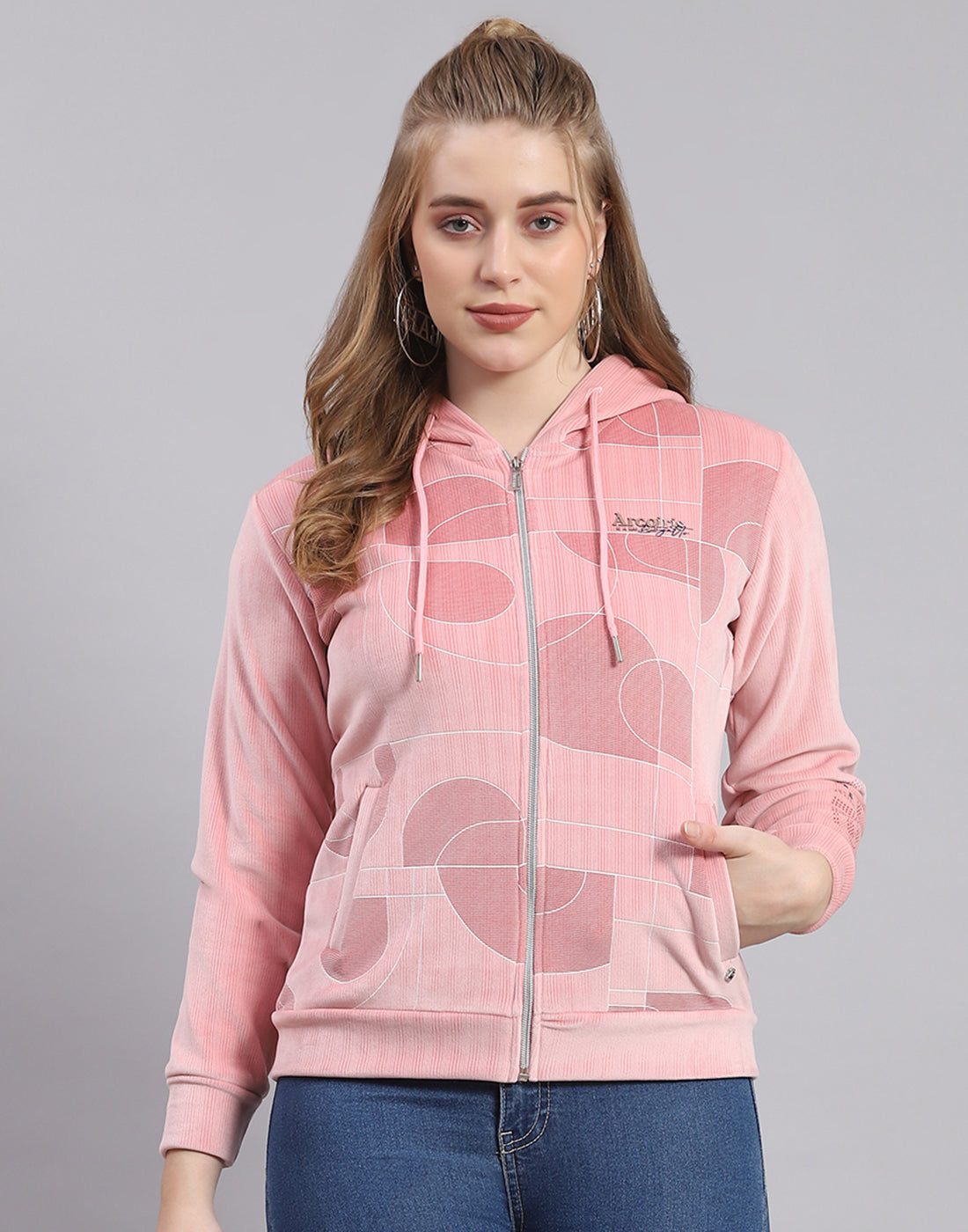 Buy Women Peach Printed Hooded Full Sleeve Sweatshirt Online in