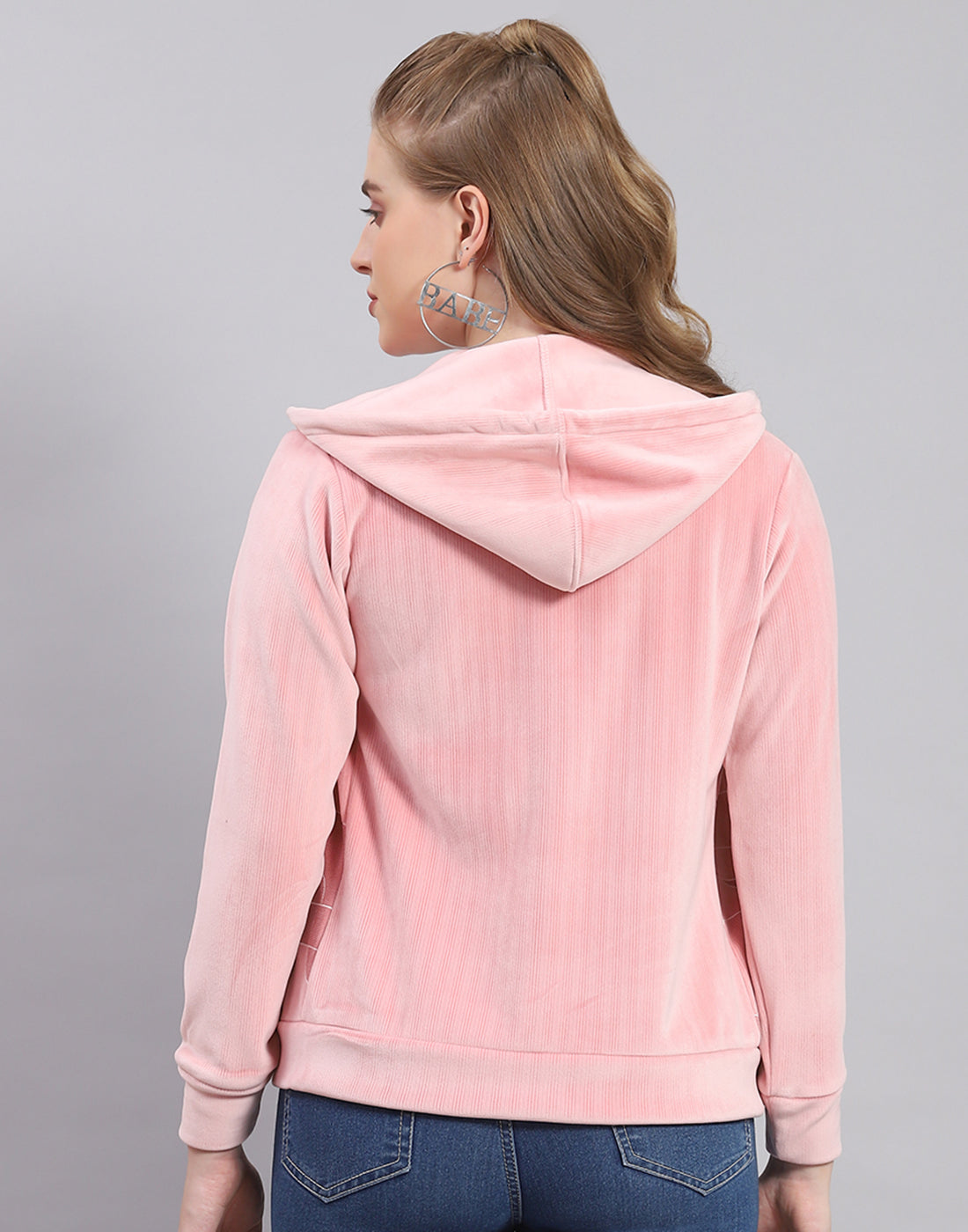 Women Peach Printed Hooded Full Sleeve Sweatshirt