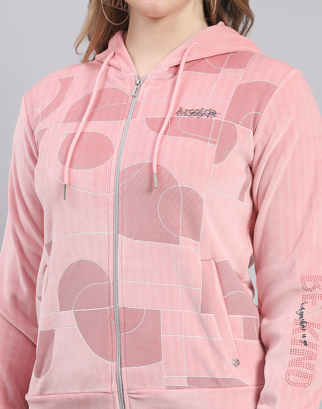 Women Peach Printed Hooded Full Sleeve Sweatshirt