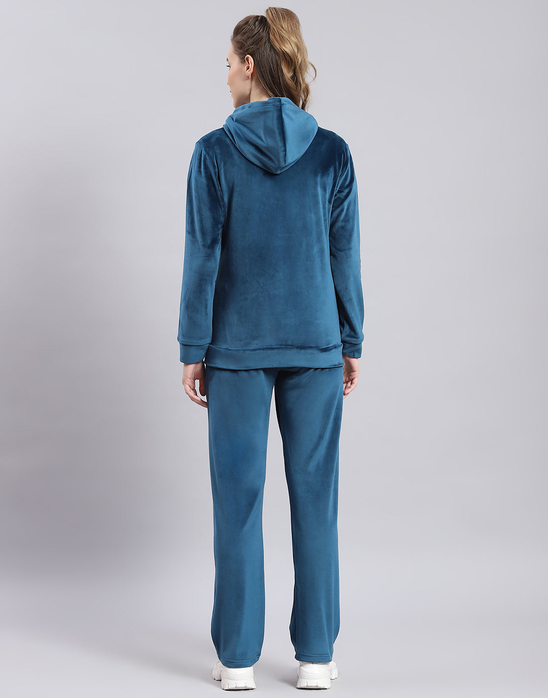 Women Teal Blue Solid Hooded Full Sleeve Tracksuit