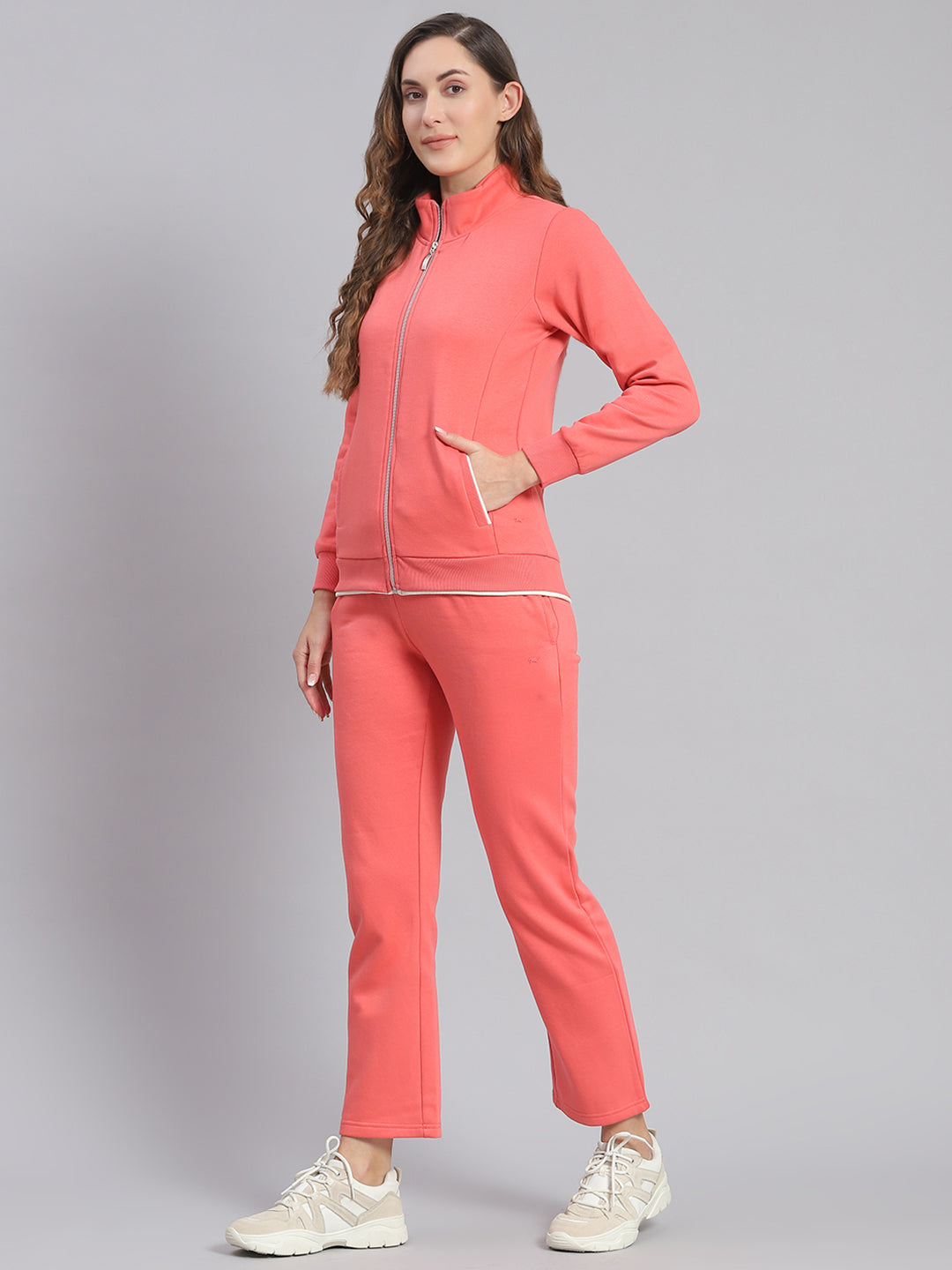Women Pink Solid Stand Collar Full Sleeve Tracksuits