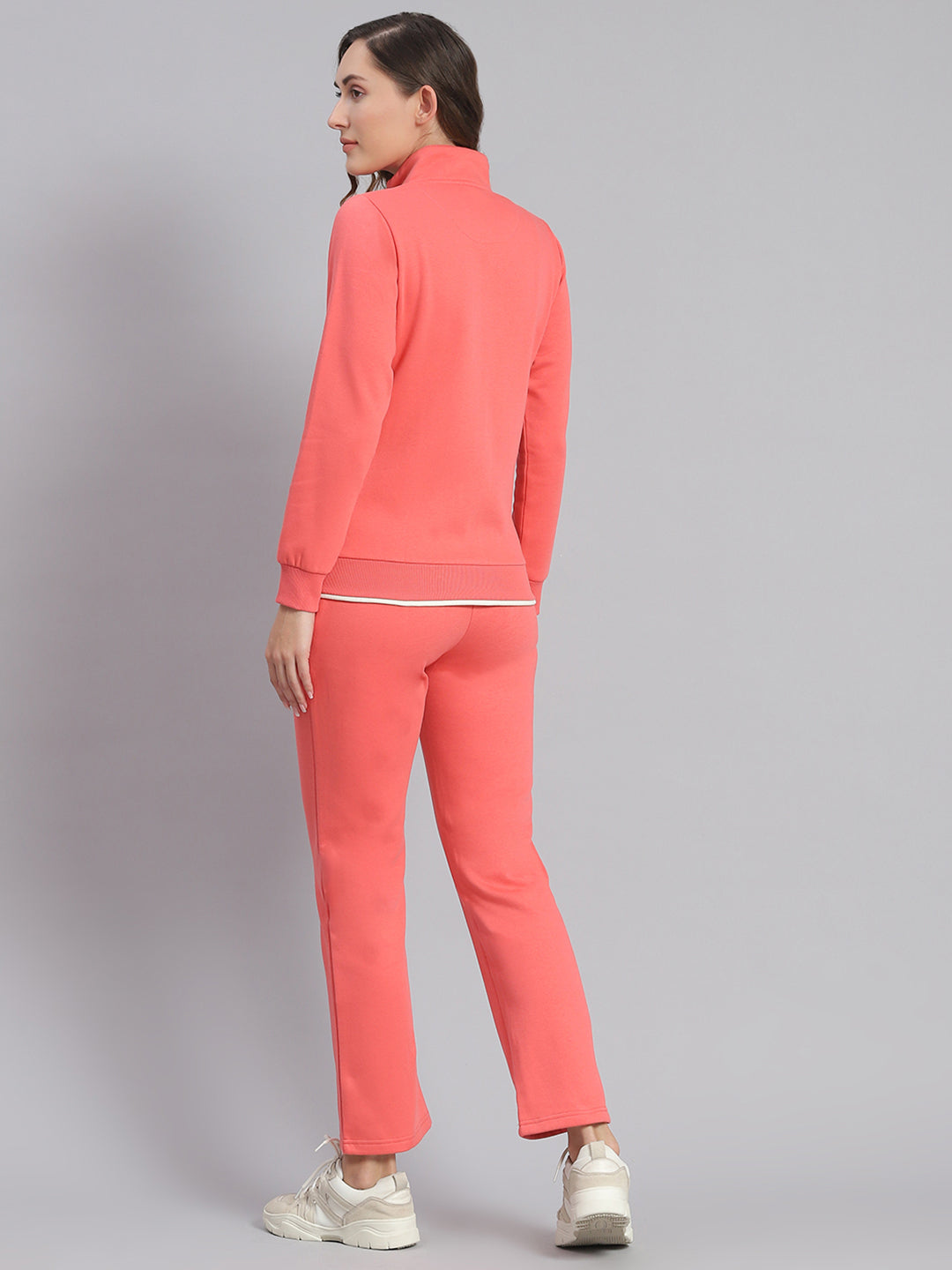 Women Pink Solid Stand Collar Full Sleeve Tracksuits