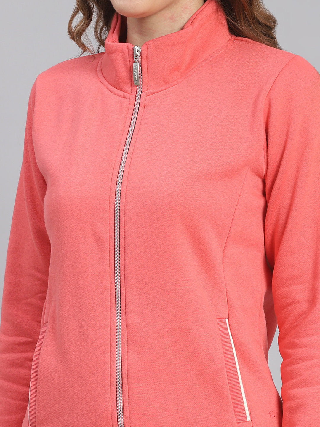 Women Pink Solid Stand Collar Full Sleeve Tracksuits
