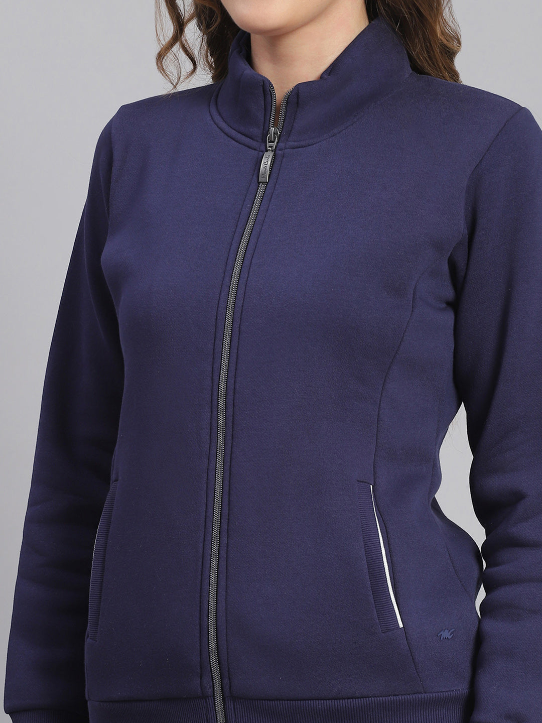Women Purple Solid Stand Collar Full Sleeve Tracksuits