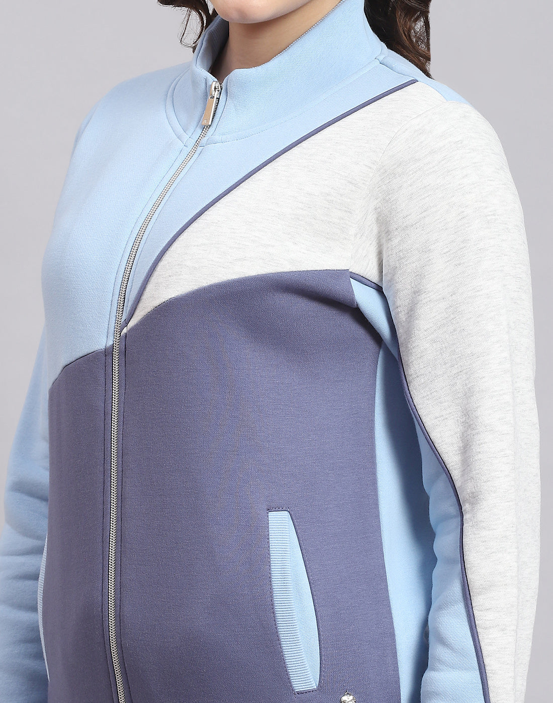 Women Blue Solid Stand Collar Full Sleeve Tracksuit