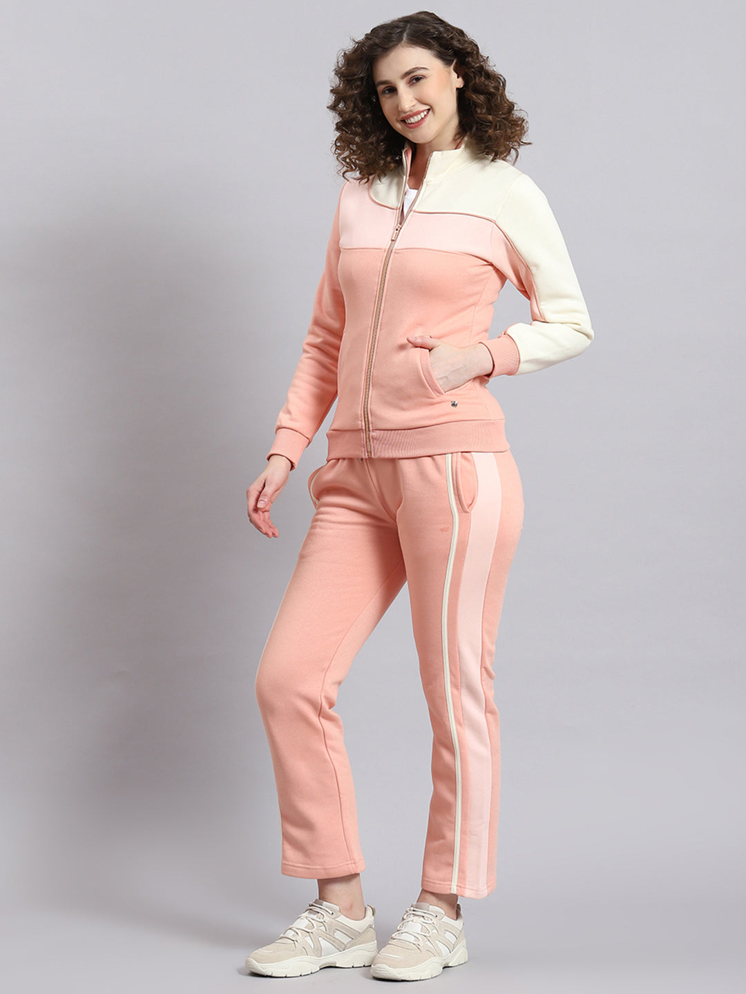 Women Pink Solid Stand Collar Full Sleeve Tracksuit