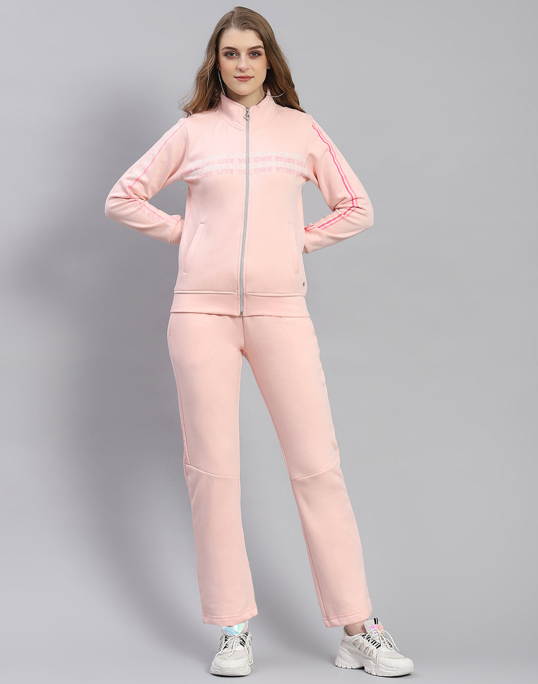 Women Pink Printed Stand Collar Full Sleeve Tracksuit
