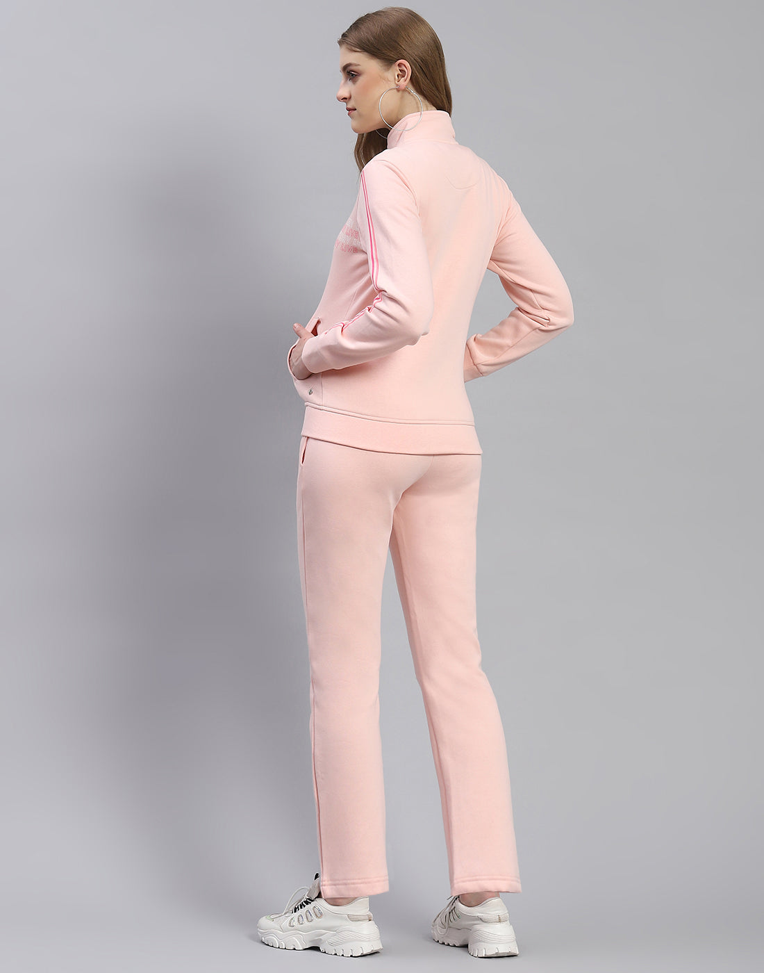 Women Pink Printed Stand Collar Full Sleeve Tracksuit