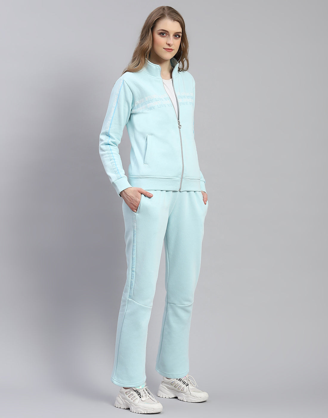 Women Blue Printed Stand Collar Full Sleeve Tracksuit