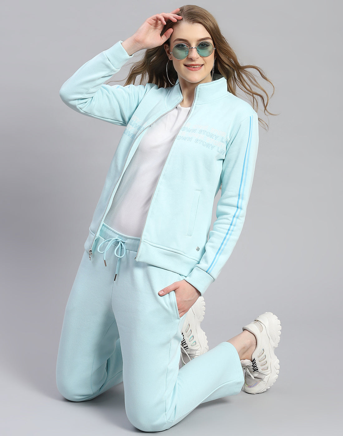 Women Blue Printed Stand Collar Full Sleeve Tracksuit