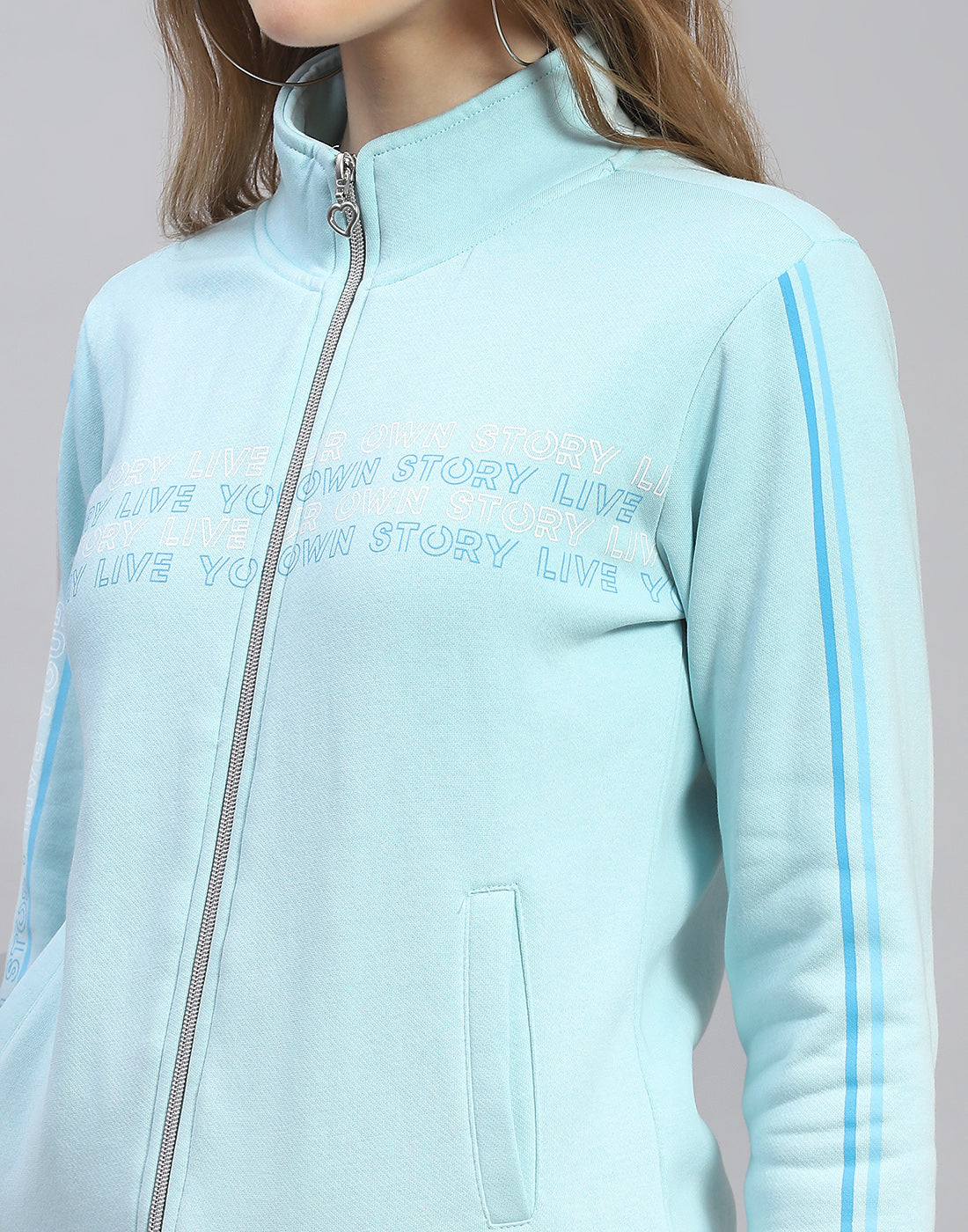 Women Blue Printed Stand Collar Full Sleeve Tracksuit