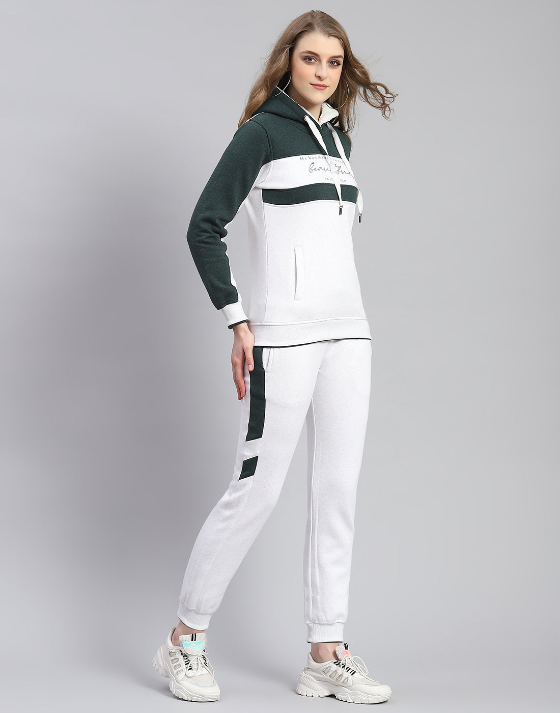 Women White Printed Hooded Full Sleeve Tracksuit