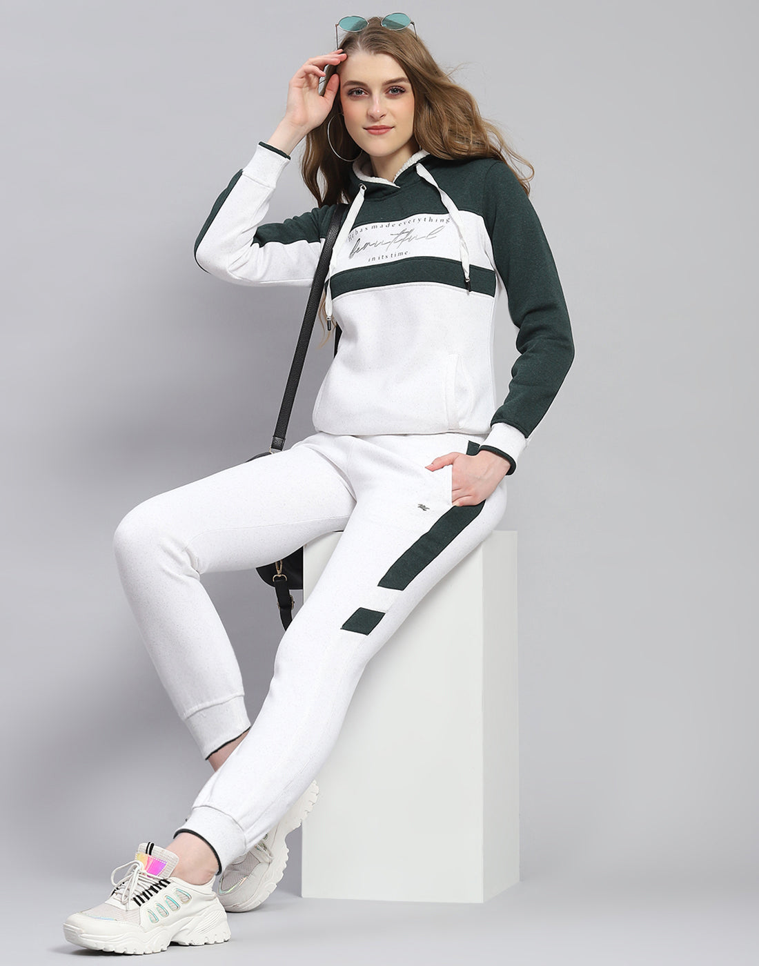 Women White Printed Hooded Full Sleeve Tracksuit