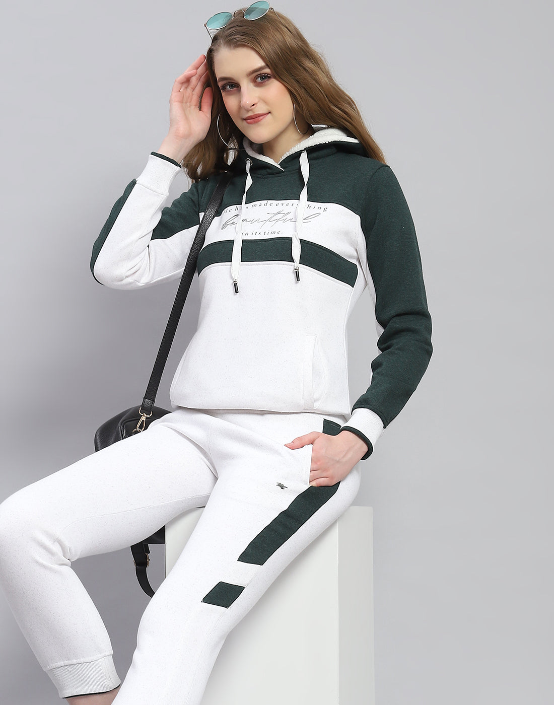 Women White Printed Hooded Full Sleeve Tracksuit