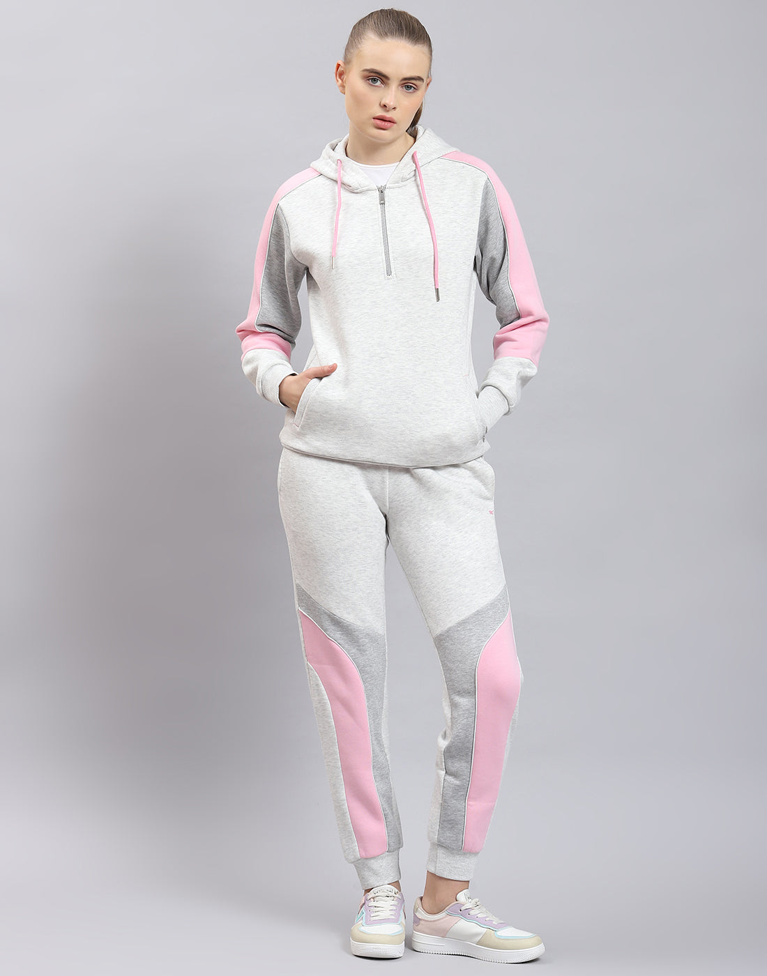 Women Grey Melange Solid Hooded Full Sleeve Tracksuit
