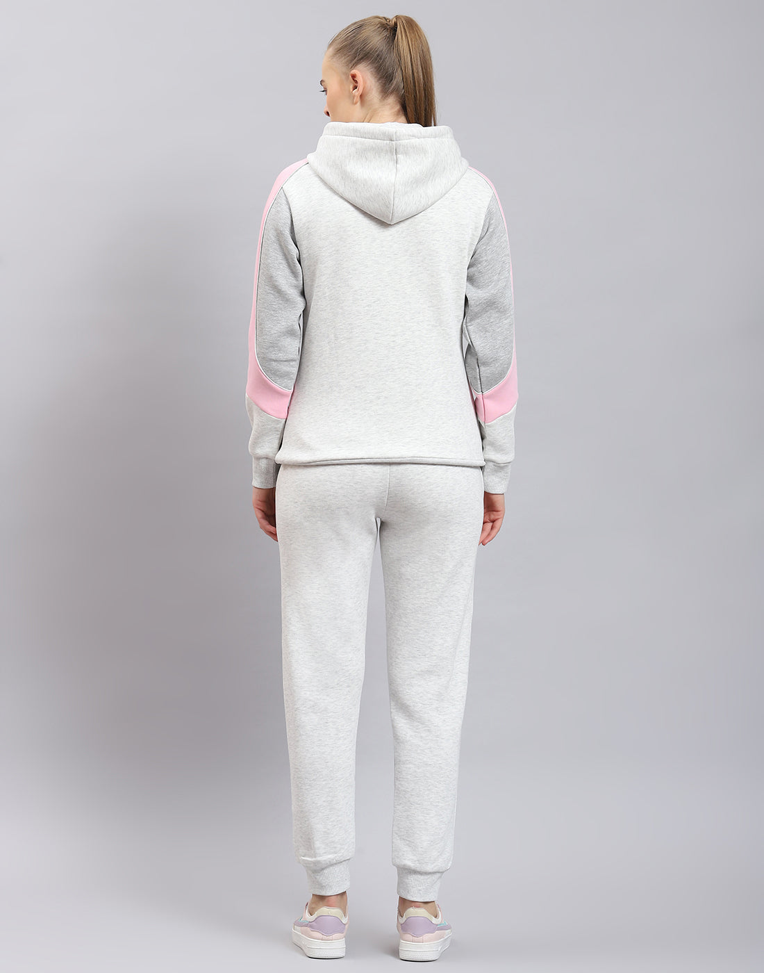 Women Grey Melange Solid Hooded Full Sleeve Tracksuit