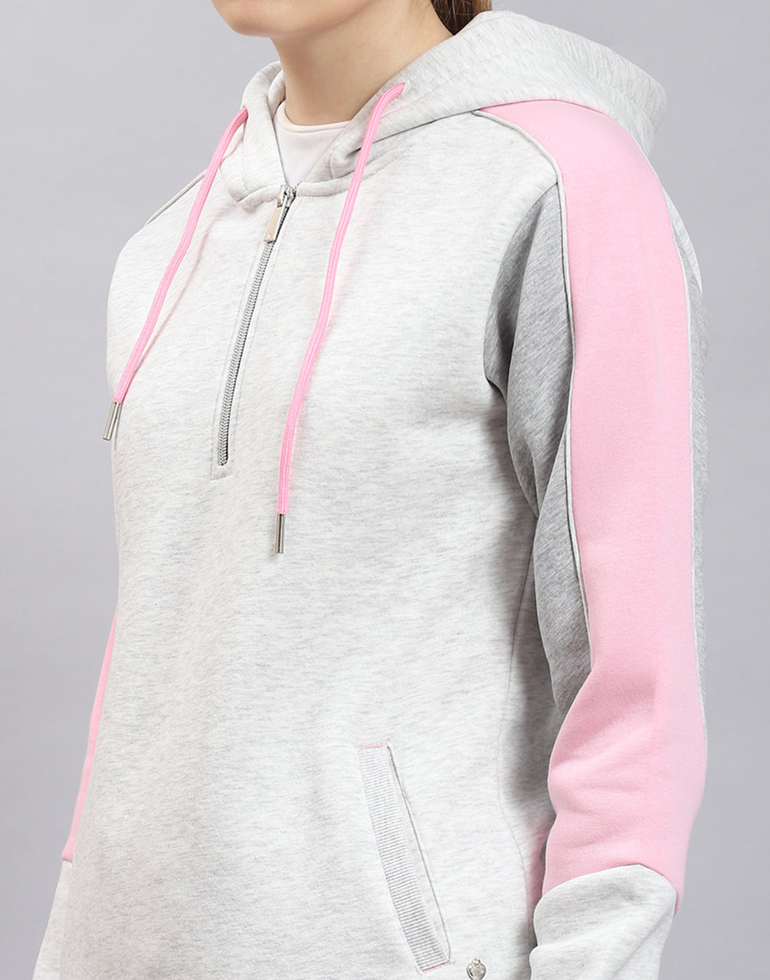 Women Grey Melange Solid Hooded Full Sleeve Tracksuit