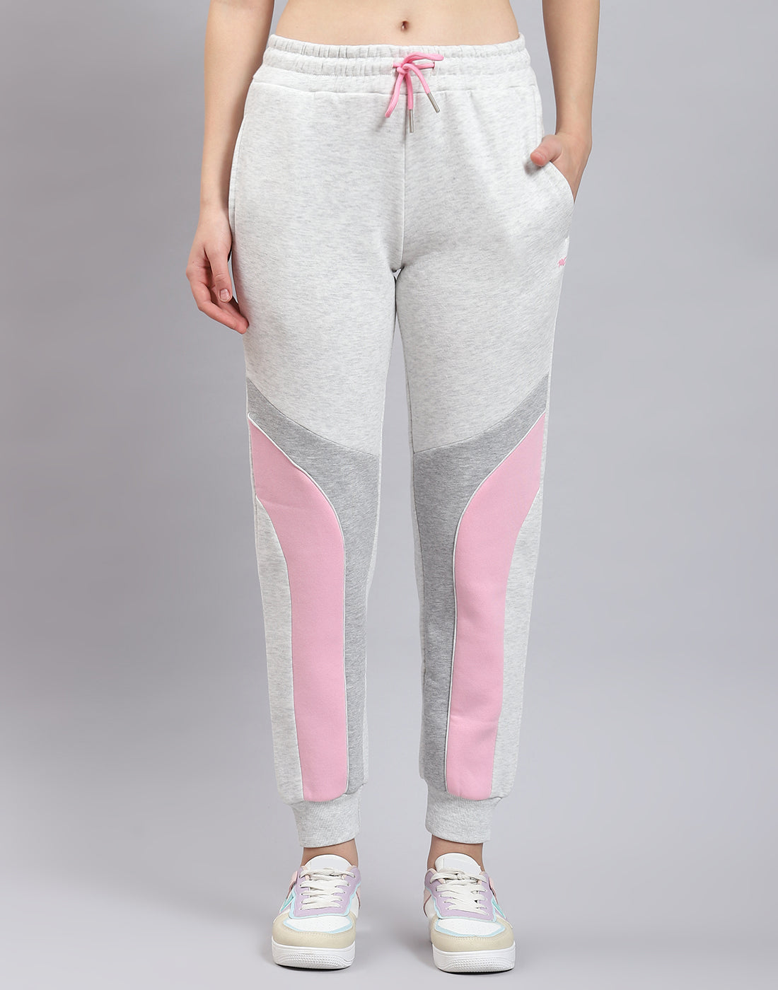 Women Grey Melange Solid Hooded Full Sleeve Tracksuit