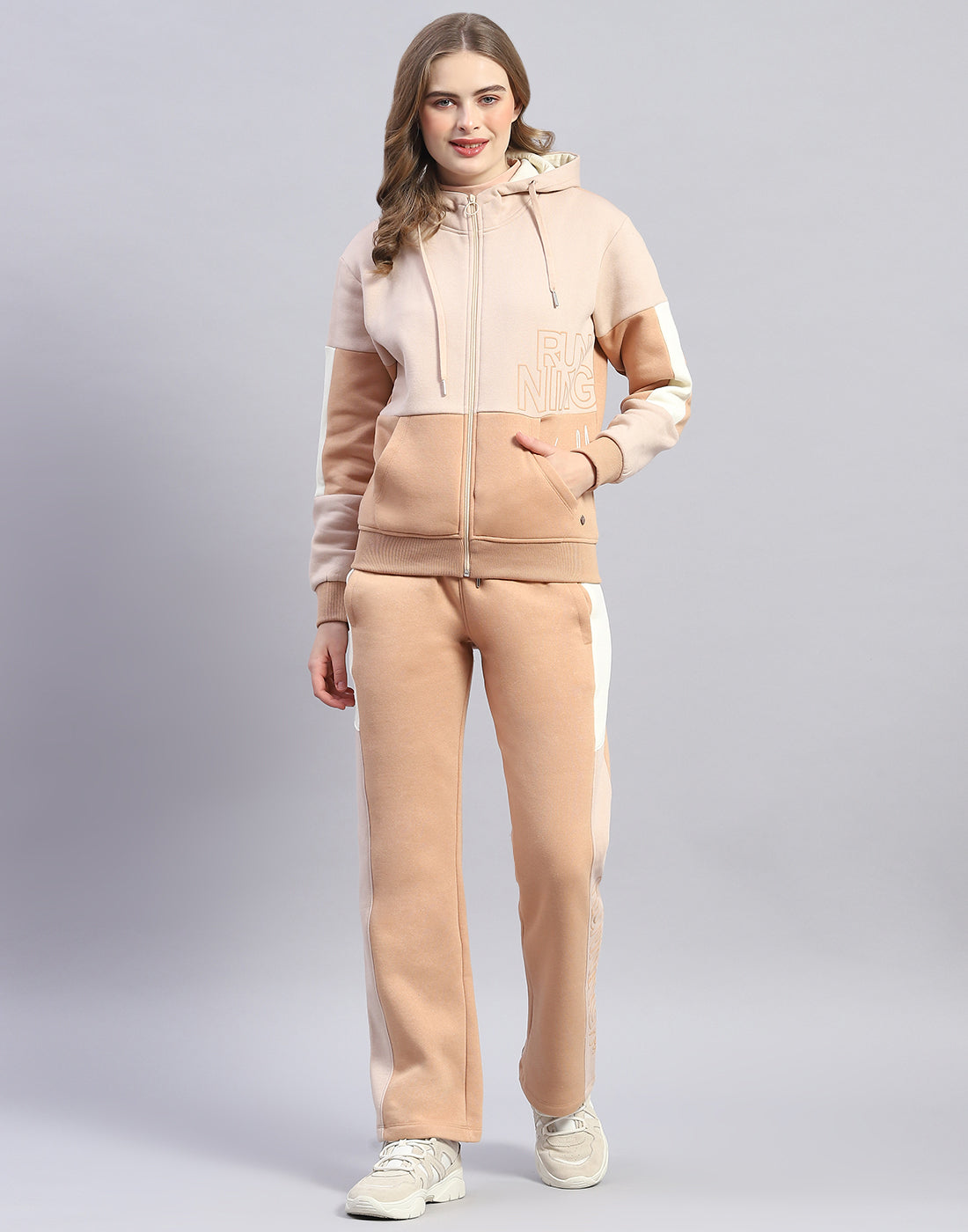 Women Beige Printed Hooded Full Sleeve Tracksuit
