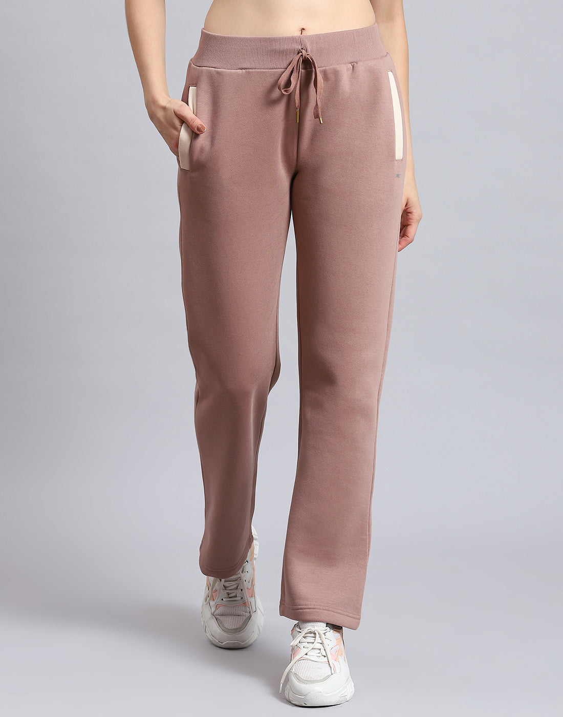 Women Beige Solid Stand Collar Full Sleeve Tracksuit