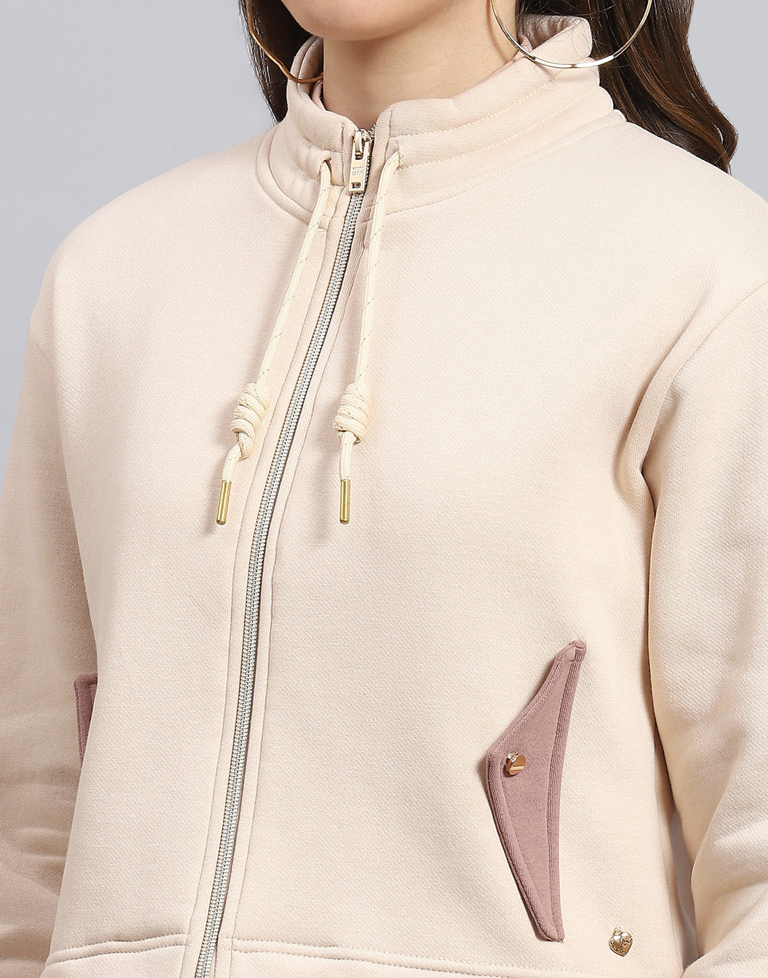 Women Beige Solid Stand Collar Full Sleeve Tracksuit