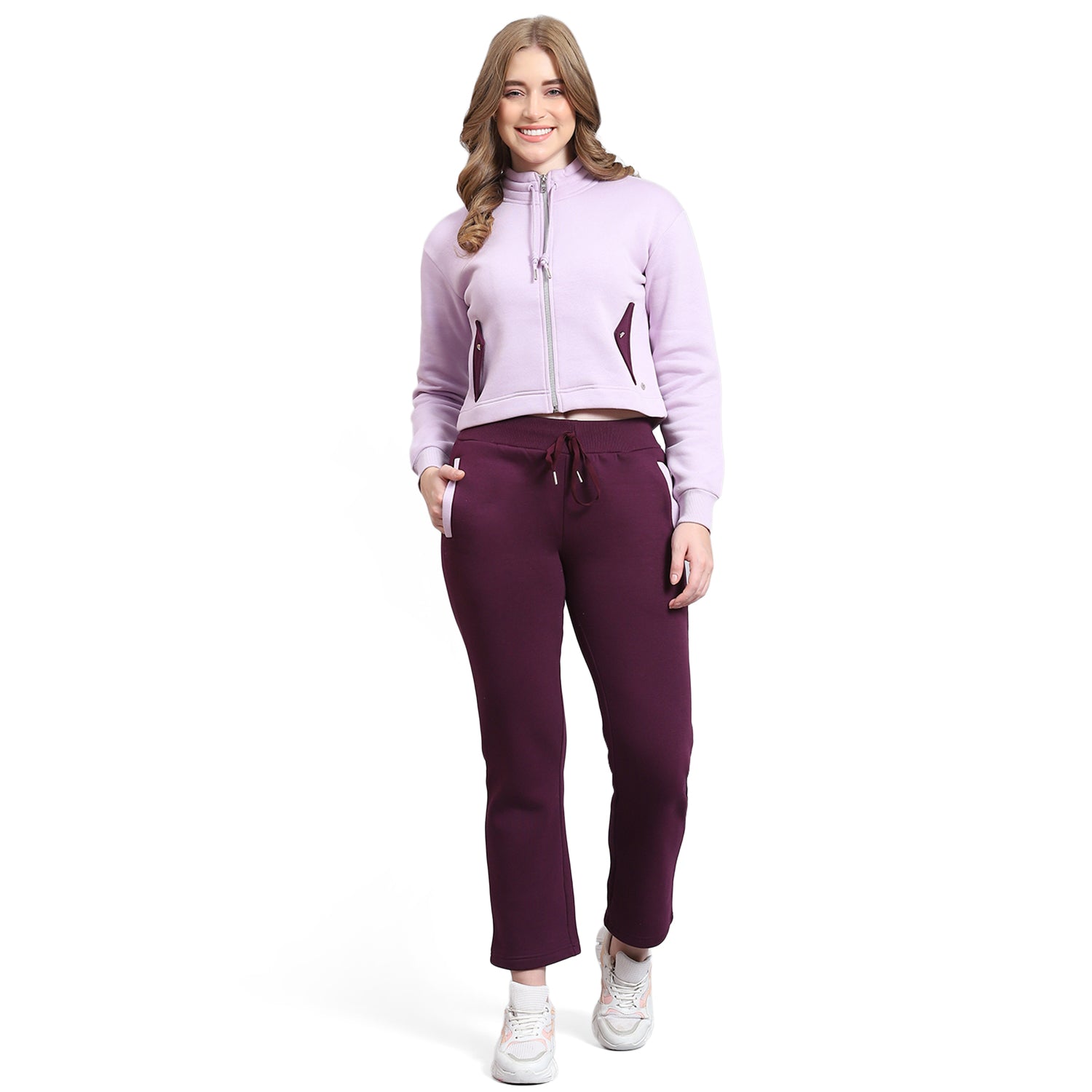 Women Purple Solid Stand Collar Full Sleeve Tracksuit