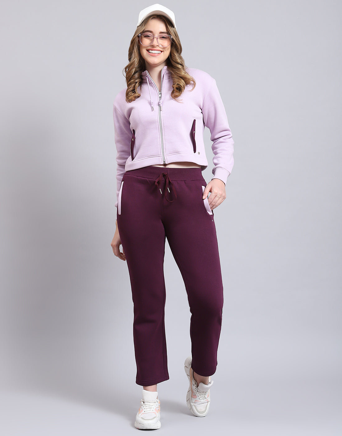 Buy Women Purple Solid Stand Collar Full Sleeve Tracksuit Online