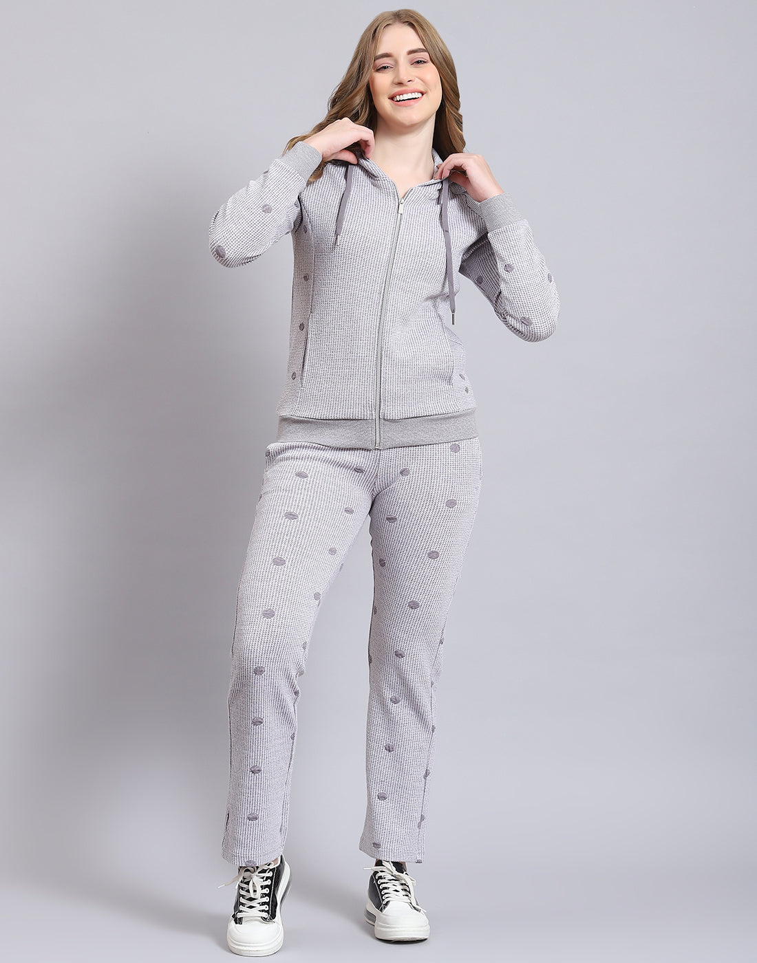 Women Grey Self Design Hooded Full Sleeve Tracksuit