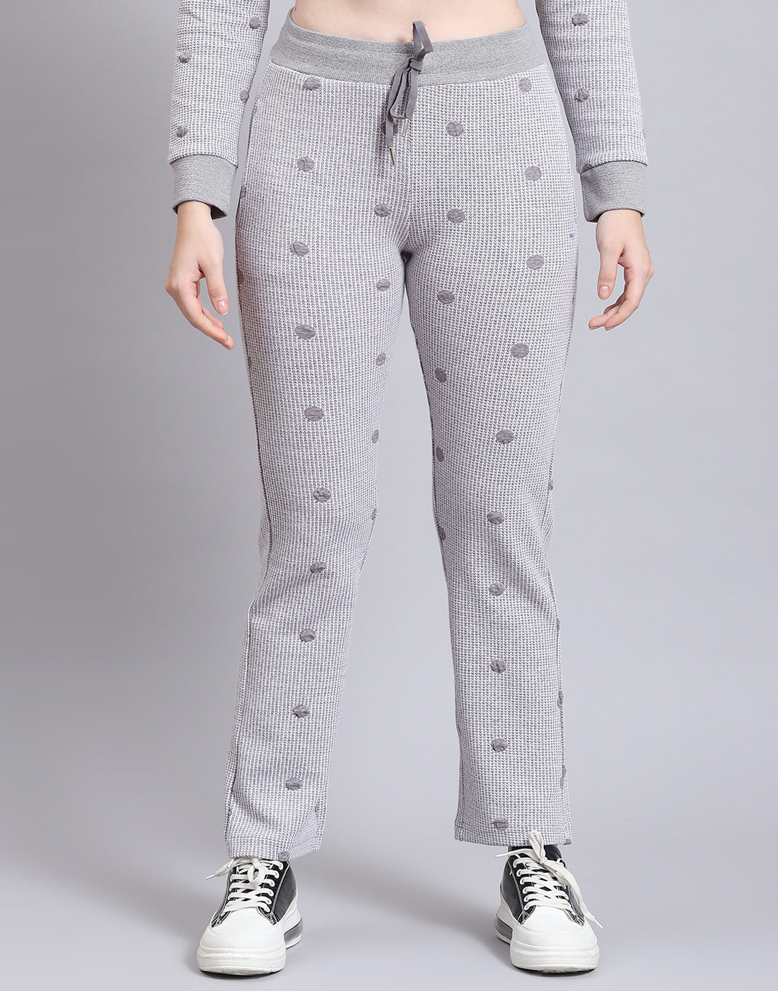 Women Grey Self Design Hooded Full Sleeve Tracksuit