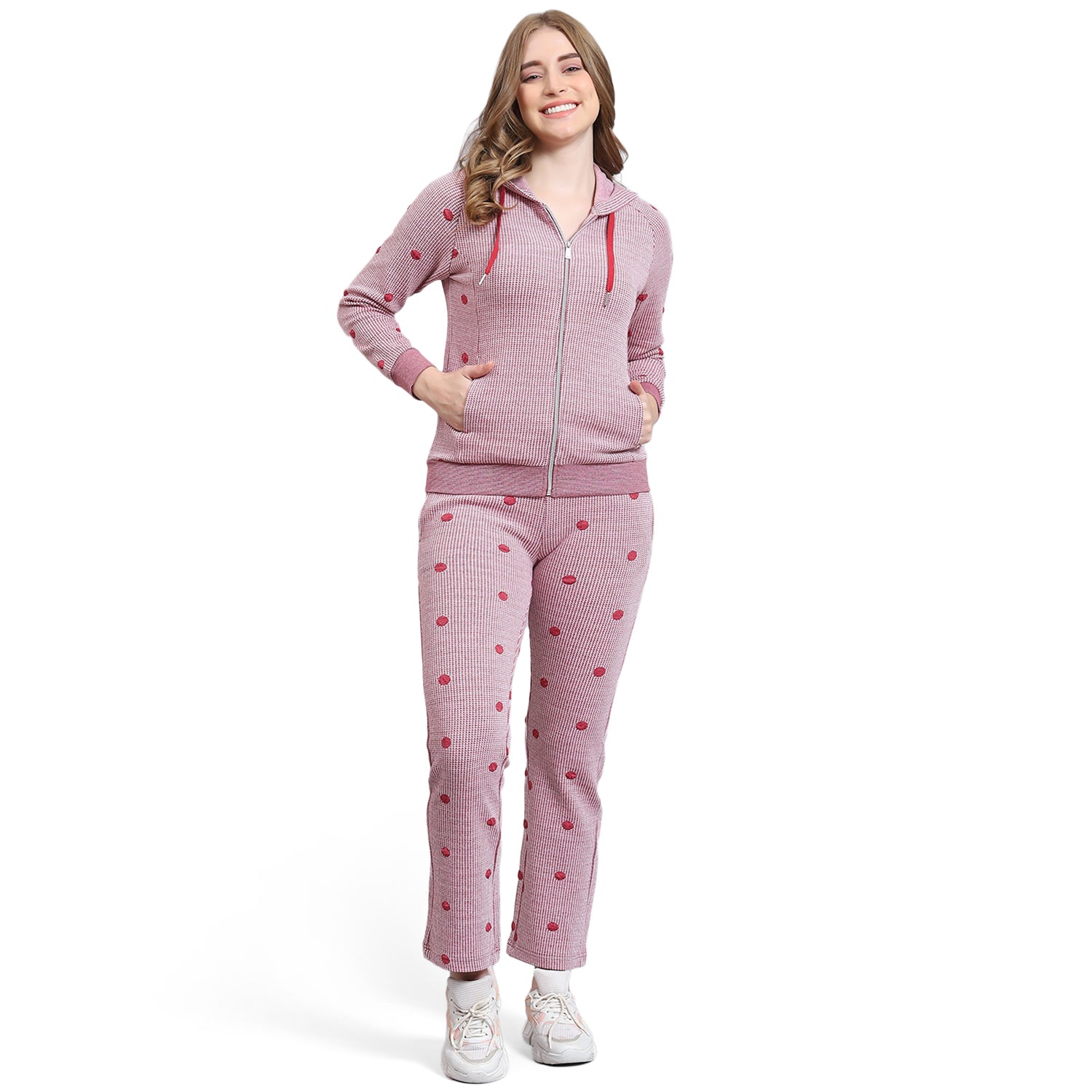 Women Pink Self Design Hooded Full Sleeve Tracksuit